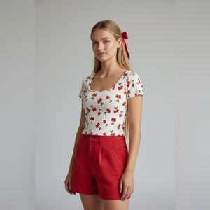 Cherry Print White Red Patterned‎ Women's Small Ribbed Crop Top
